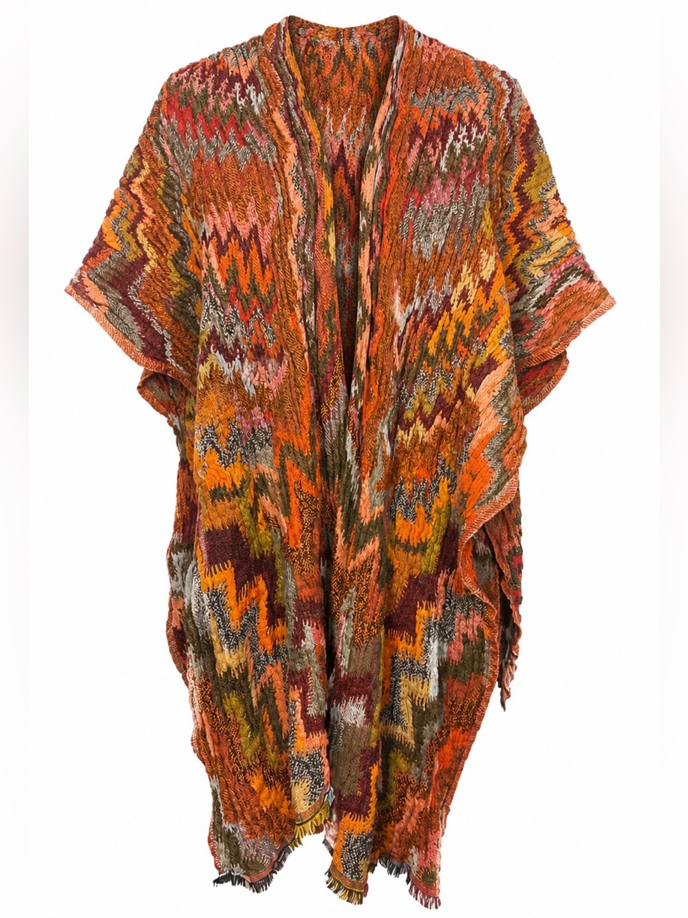World Market - Cotton & Wool Multicolor Zigzag Knit Poncho Open One Size
